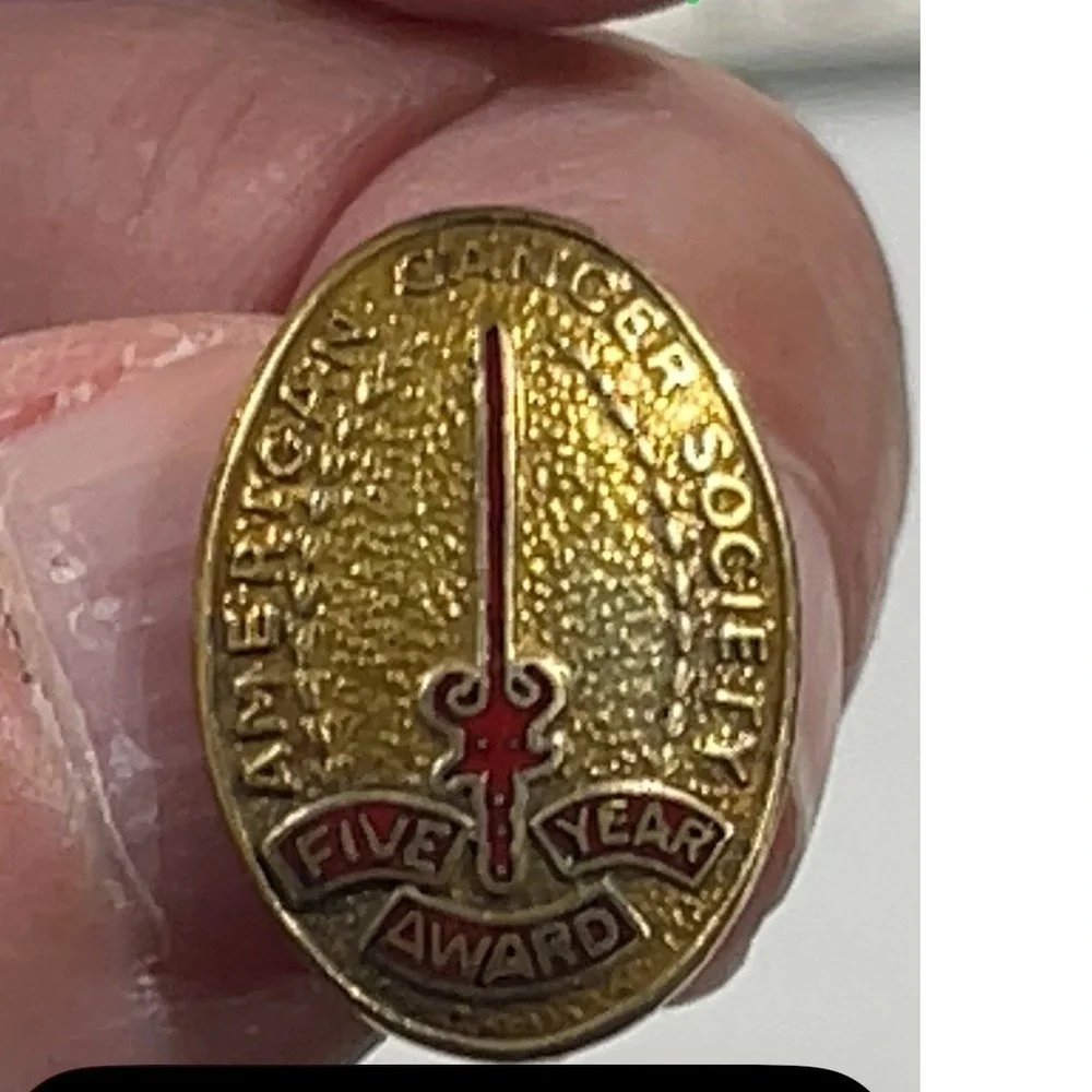 American Cancer Society Five Year Award Pin Gold Red Vintage Enamel